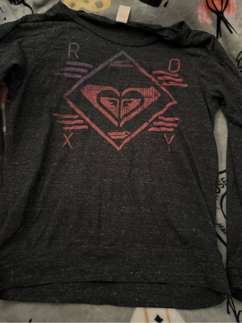 Roxy Black Heather Long Sleeve Shirt with Pink-to-Purple Heart Graphic
